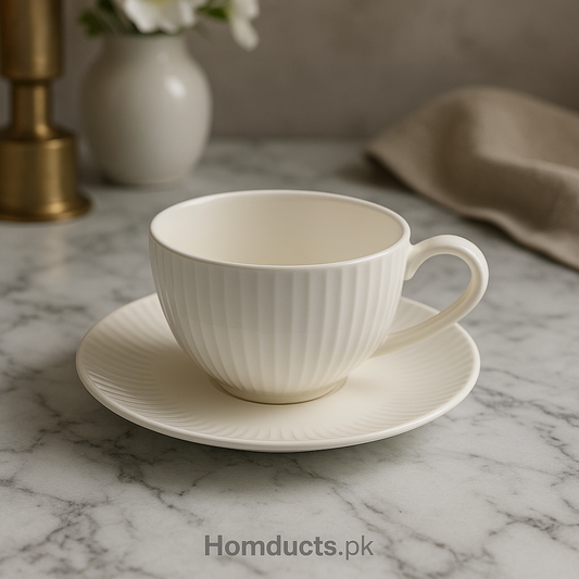 6-Piece White Porcelain Tea Cup & Saucer Set – Elegant Ribbed Design (6 Cups + 6 Saucers)