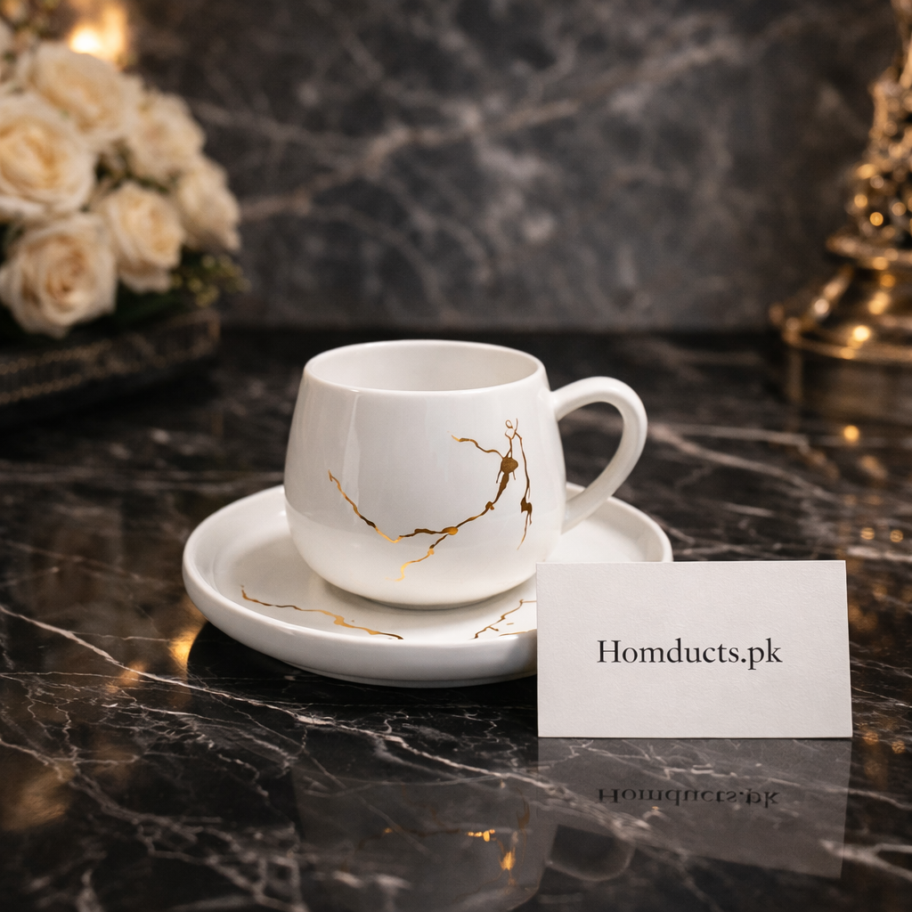 Luxury Marble Crack Design Tea Cup & Saucer Set – 6 Pieces | Premium Porcelain Coffee Cups for Home & Gifting