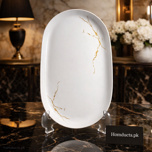 Luxury White & Gold Marble Effect Ceramic Serving Platter – Premium Oval Tray for Dining & Décor