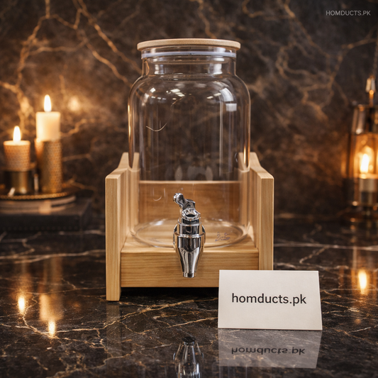 Luxury 2L Glass Water Dispenser with Wooden Stand & Stainless Steel Tap – Elegant Beverage Jar for Home & Parties