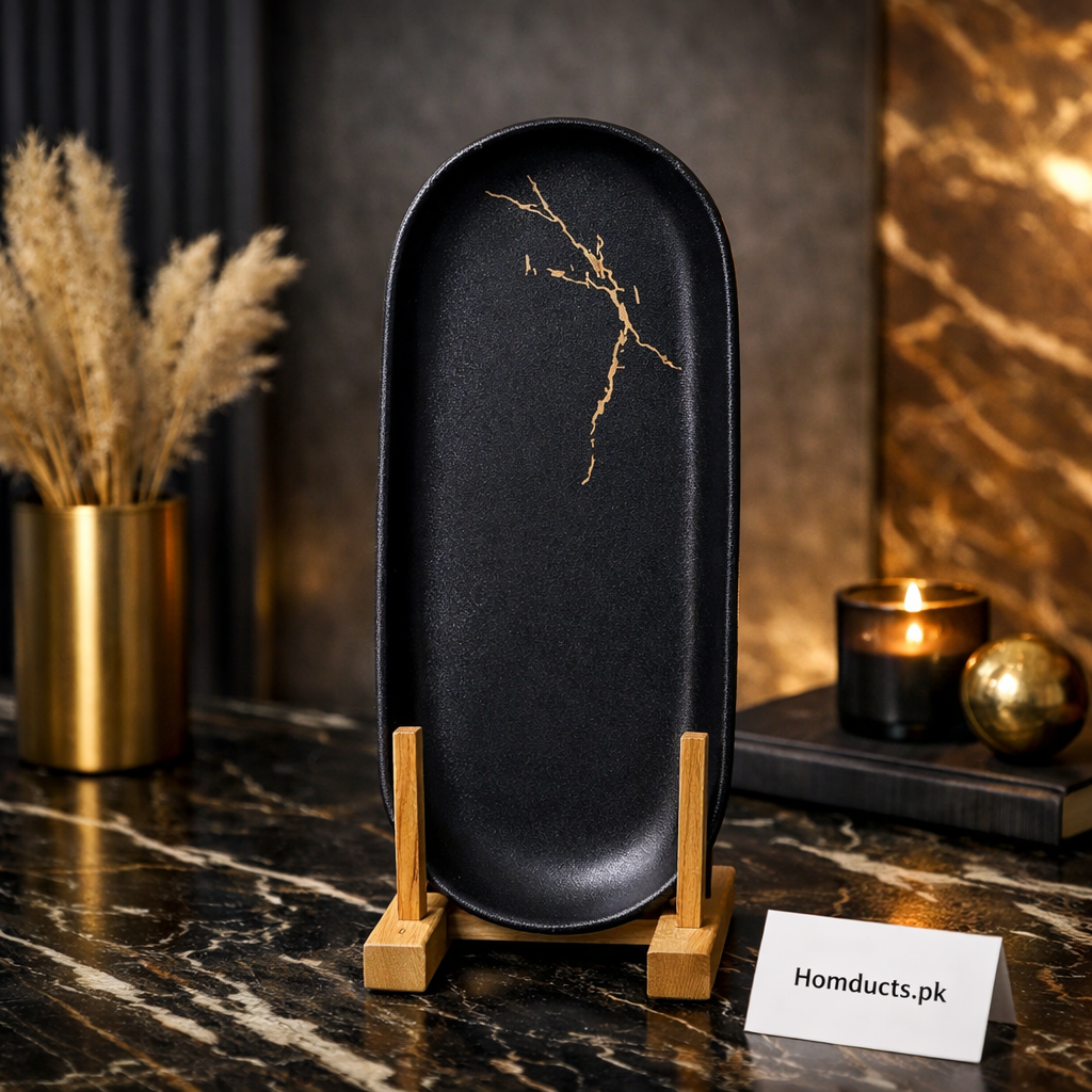 Luxury Matte Black Oval Decorative Serving Plate with Gold Detailing