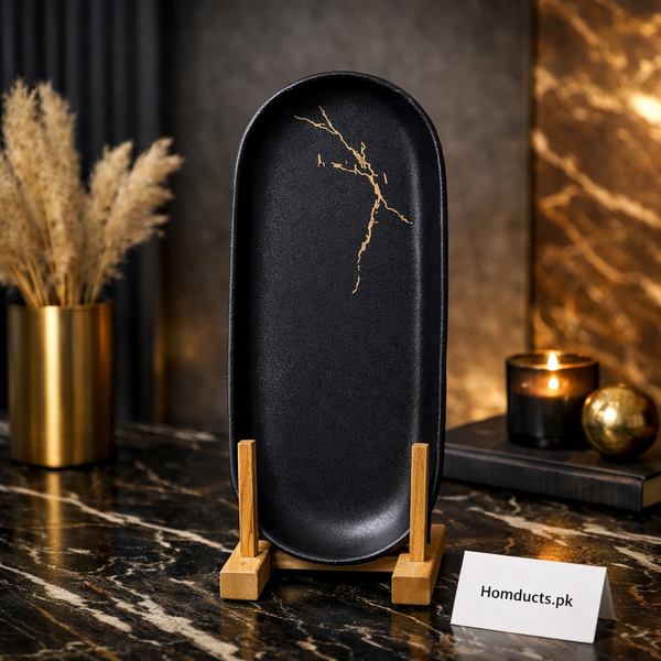 Luxury Matte Black Oval Decorative Serving Plate with Gold Detailing