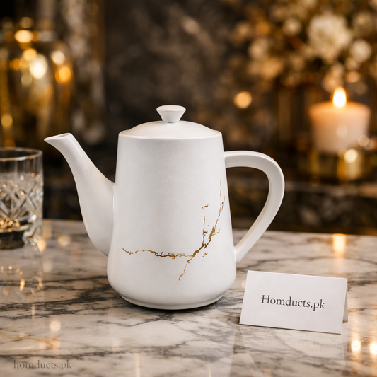Luxury White Ceramic Tea & Coffee Kettle with Gold Vein Design – 1.2L Elegant Teapot | Homducts.pk