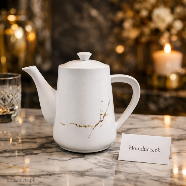 Luxury White Ceramic Tea & Coffee Kettle with Gold Vein Design – 1.2L Elegant Teapot | Homducts.pk
