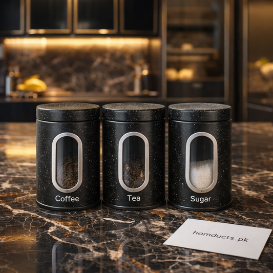 Luxury Black Speckled Kitchen Canister Set – 3 Pcs Coffee, Tea & Sugar Storage Jars with Airtight Lids