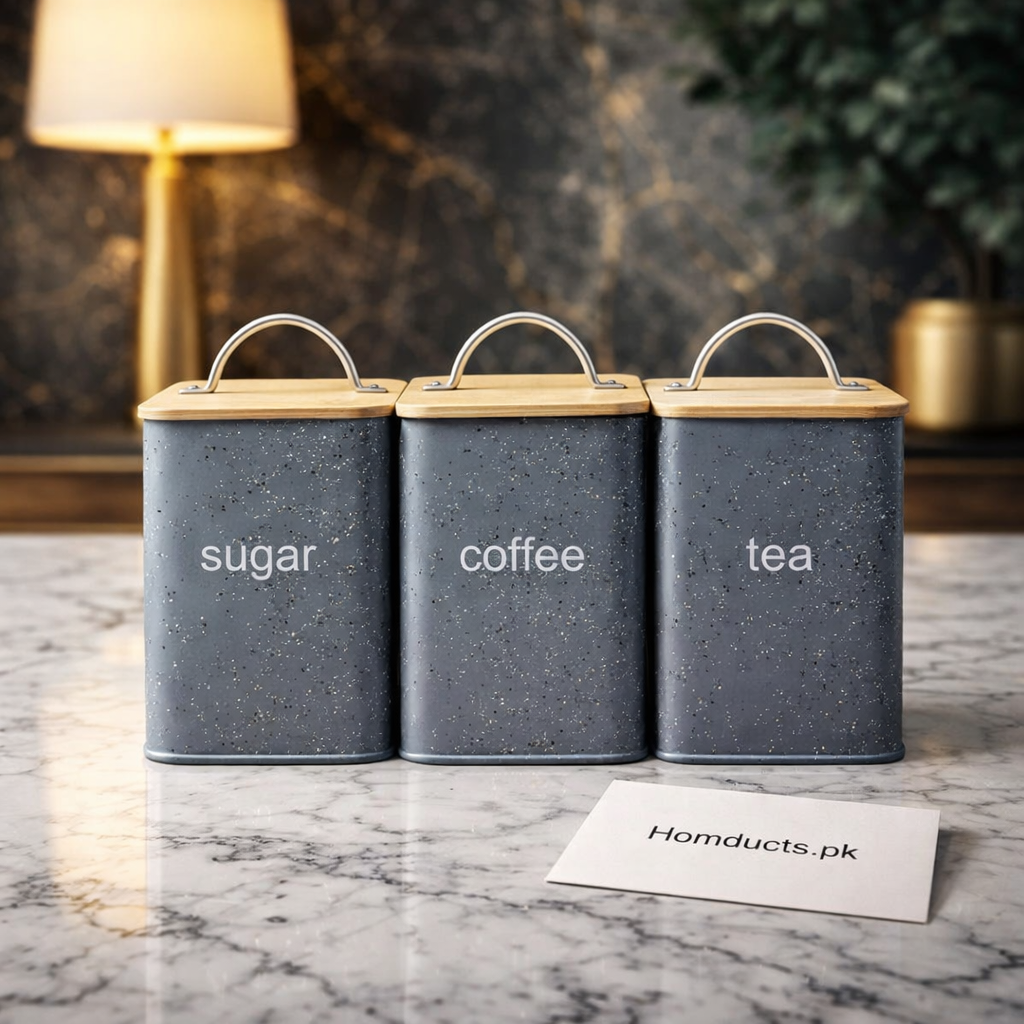 Luxury 3-Piece Tea, Coffee & Sugar Storage Canister Set – Premium Metal Kitchen Organizer with Wooden Lids