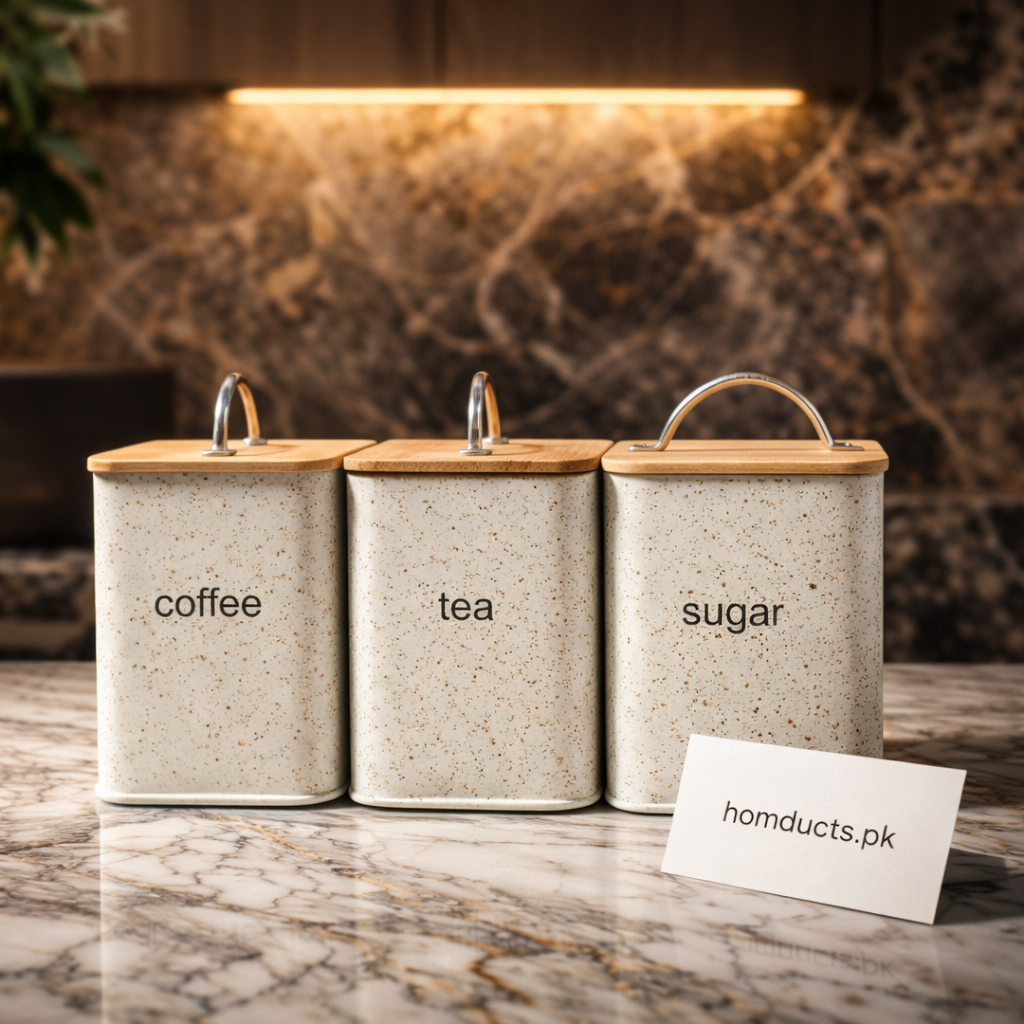 Premium 3-Piece Coffee, Tea & Sugar Storage Canister Set – Luxury Speckled Metal Jars with Bamboo Lids