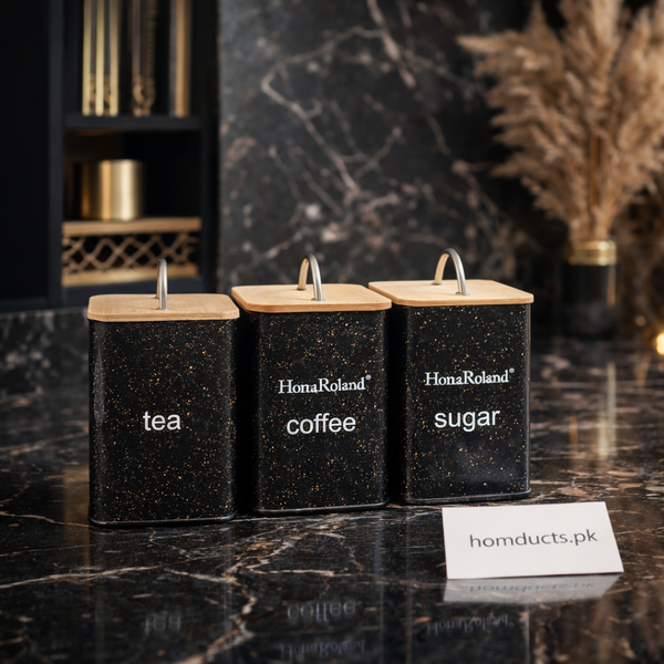 Luxury Black Tea Coffee Sugar Canister Set – 3 Pcs Metal Storage Jars with Wooden Lids | Kitchen Storage Containers