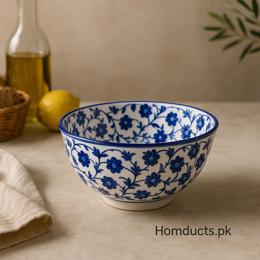 Royal Blue Floral Porcelain Salad Bowl – Large Mediterranean Design
