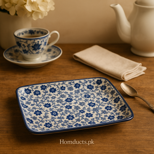 Royal Indigo Floral Square Dessert Plate – Handcrafted Porcelain Elegance