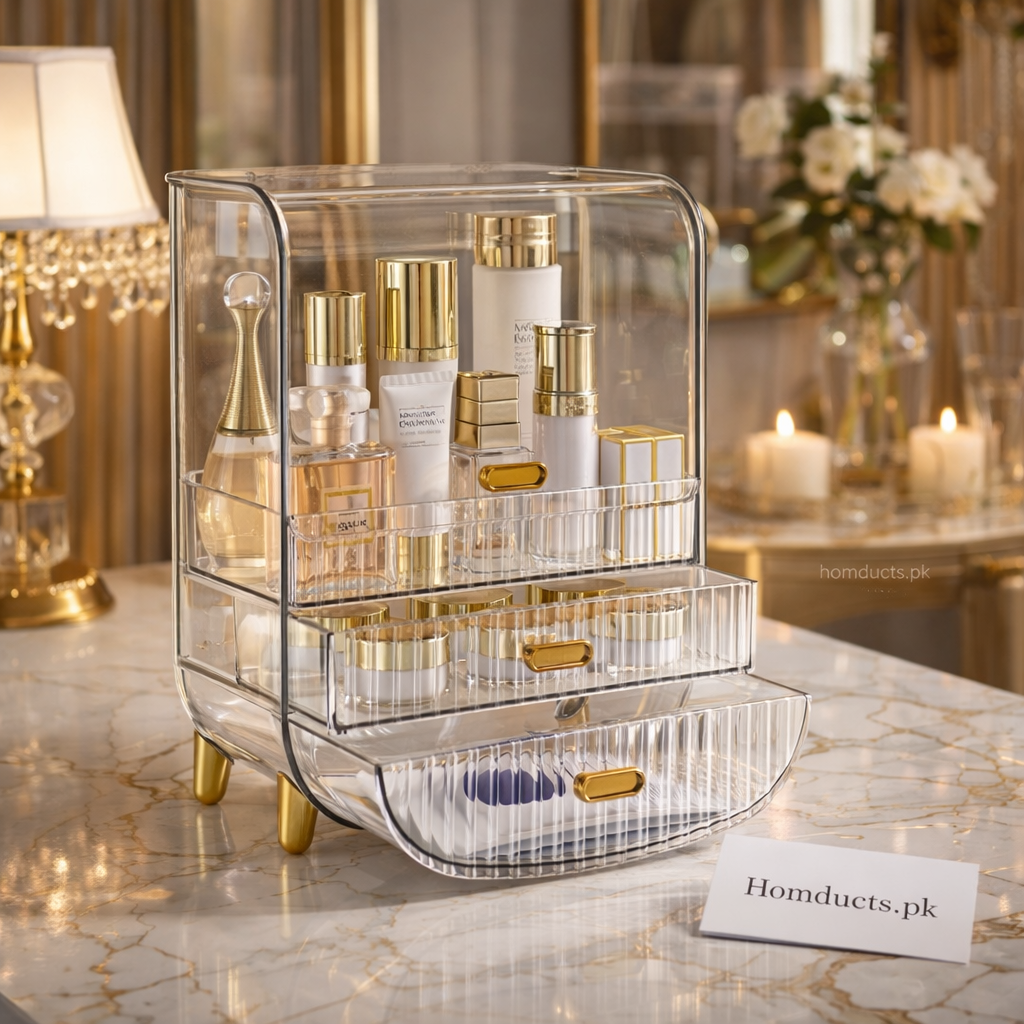 Luxury Acrylic Makeup & Skincare Organizer with Drawers – Premium Vanity Storage Box | Homducts.pk