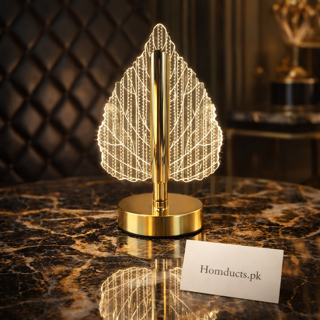 Luxury Crystal Leaf LED Table Lamp – Modern Golden Decorative Night Light for Bedroom, Living Room & Office | Homducts.pk