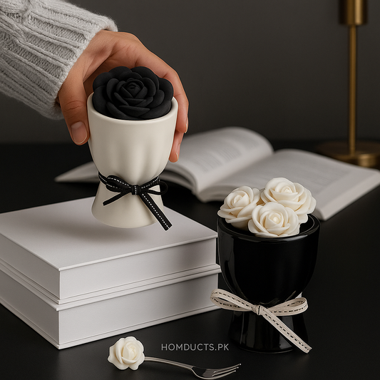 Monochrome Rose Ceramic Cup & Fork Set (6-Pcs) – Luxury Decorative Gift Collection