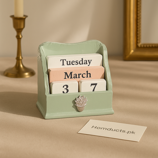 Mint Bliss Wooden Perpetual Calendar with Silver Succulent Accent