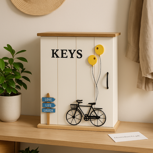 Vintage Wooden Key Holder Cabinet with Bicycle Design – Love Life Laugh Wall Organizer