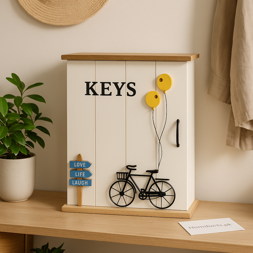 Vintage Wooden Key Holder Cabinet with Bicycle Design – Love Life Laugh Wall Organizer