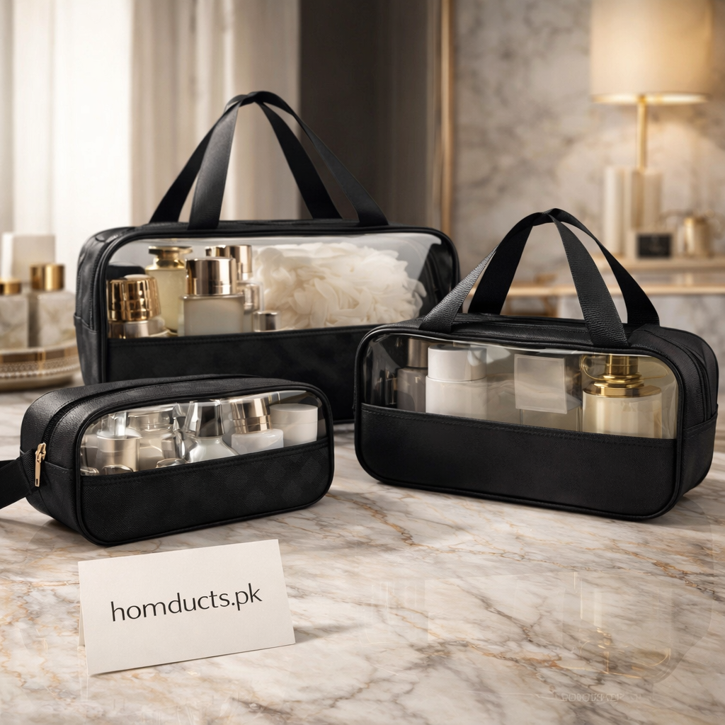 Luxury Transparent Travel Makeup & Toiletry Organizer Bag – Waterproof Portable Cosmetic Storage Case (3 Pcs Set