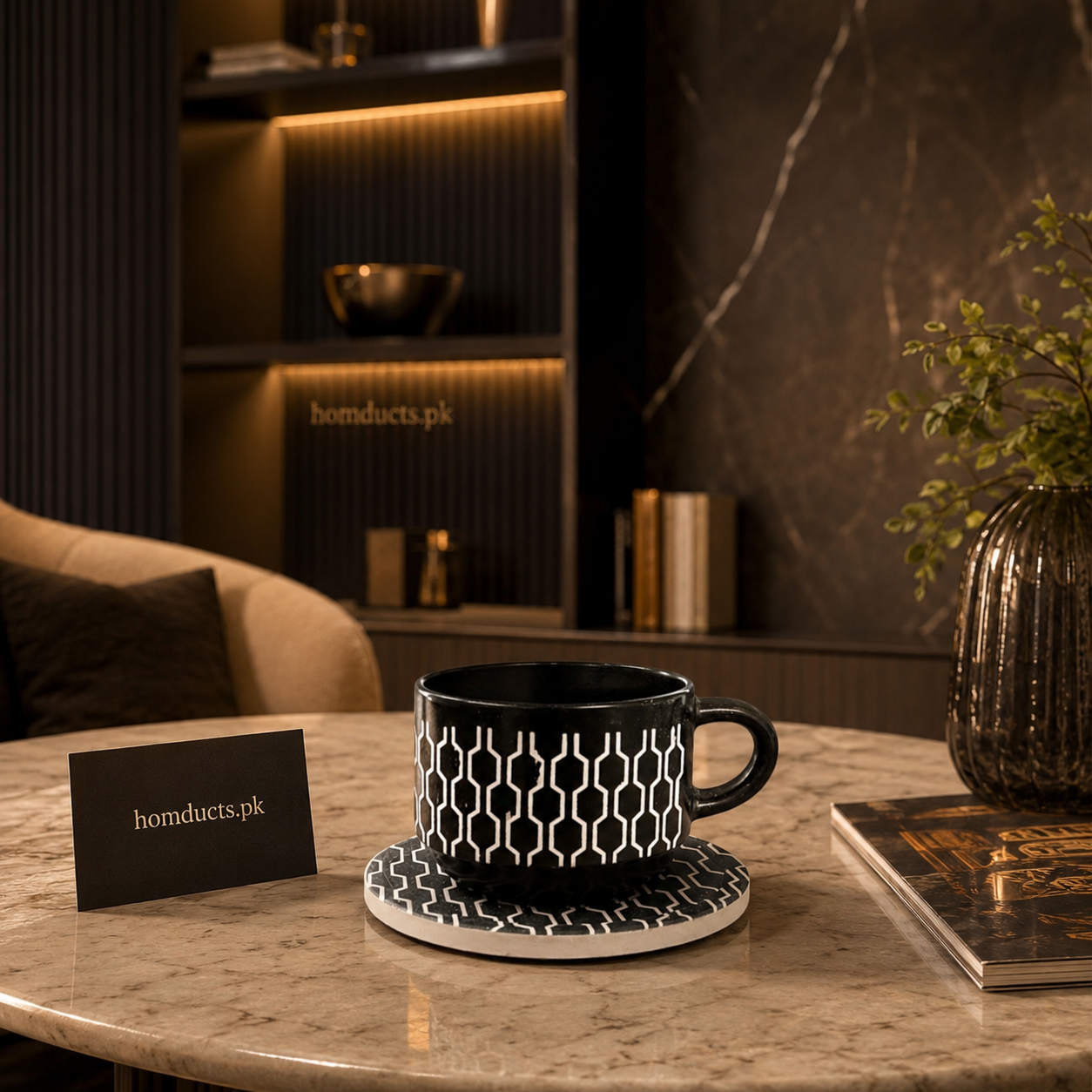 Luxury Geometric Ceramic Tea & Coffee Cup Set with Matching Coasters – 6 Pieces Premium Dany Home Mug Set for Modern Kitchen & Coffee Table Décor