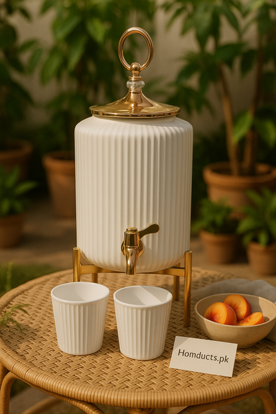 Luxury White Ribbed Beverage Dispenser with Golden Stand & Lid – 6 Glass Set