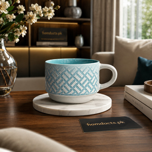 Luxury Danny Home Ceramic Tea & Coffee Mug Set – Premium Textured Blue Pattern Cups with Coasters – Elegant 6 Pcs Serving Set for Coffee, Tea & Hot Drinks