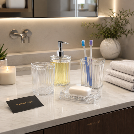 Luxury Acrylic Ribbed 4 Piece Bathroom Accessories Set – Premium Soap Dispenser, Toothbrush Holder, Tumbler & Soap Dish Organizer for Modern Bathroom Decor