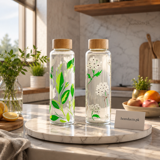 Luxury Floral Borosilicate Glass Water Bottle With Wooden Lid – 500ML Premium Reusable Drinking Bottle For Home, Office & Travel (1 Pc)
