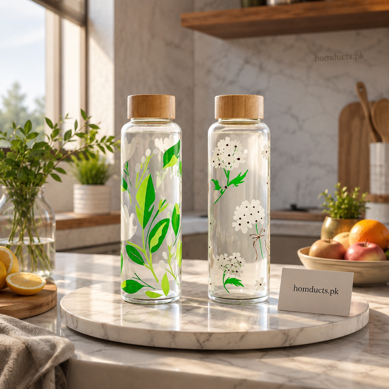 Luxury Floral Borosilicate Glass Water Bottle With Wooden Lid – 500ML Premium Reusable Drinking Bottle For Home, Office & Travel (1 Pc)