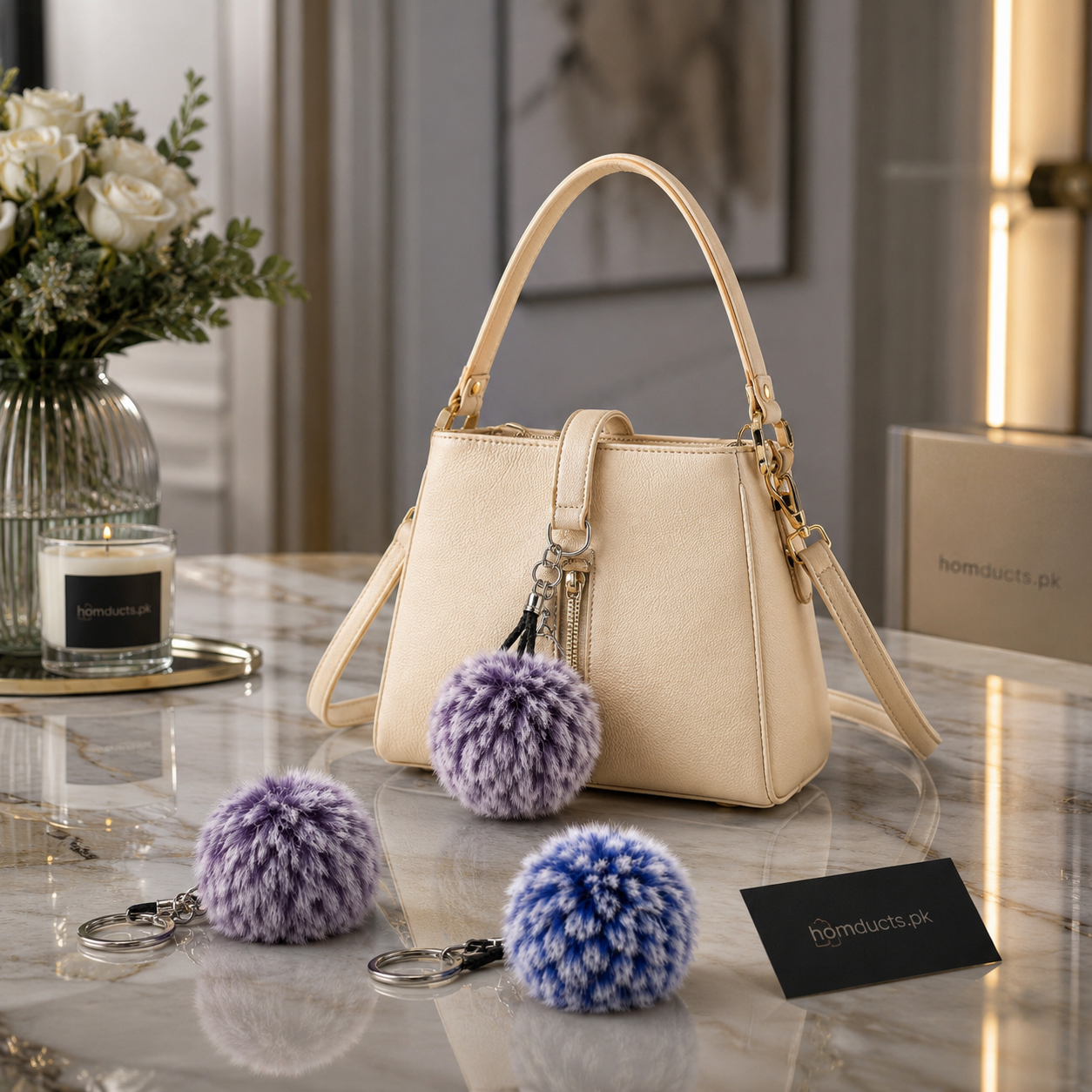Luxury Faux Fur Pom Pom Keychain Bag Charm – Soft Fluffy Premium Handbag & Car Key Accessory (1 Pc)