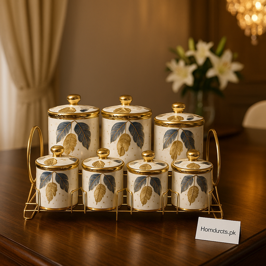 Luxury Royal Leaf Ceramic Canister Set with Golden Rack