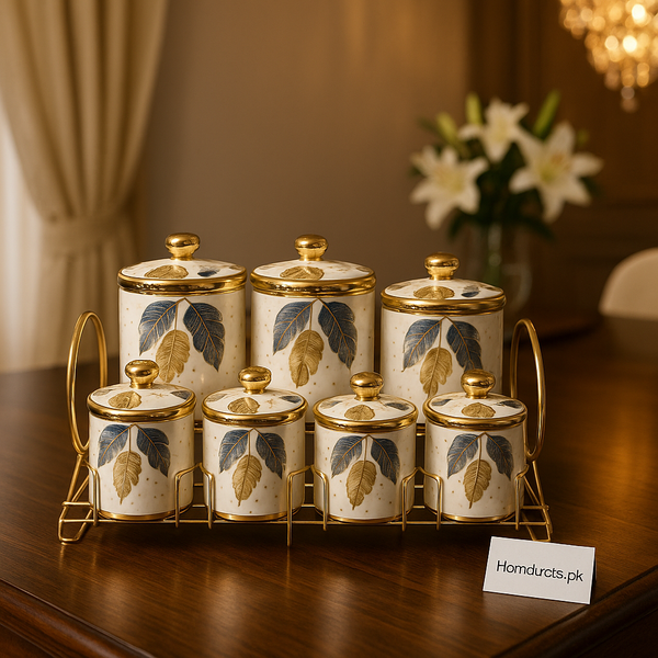 Luxury Royal Leaf Ceramic Canister Set with Golden Rack