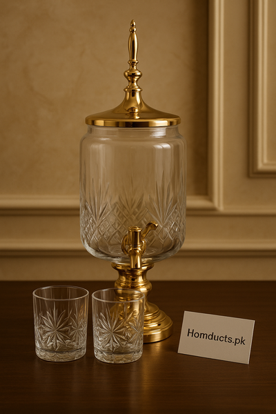 Luxury Crystal Glass Beverage Dispenser Set with 6 Glasses – Gold Edition