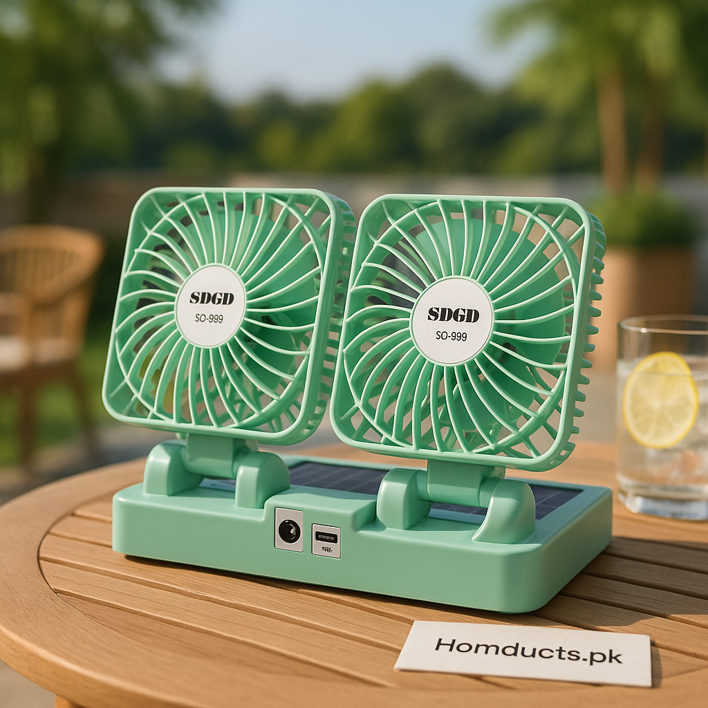Dual Solar Rechargeable Fan – Portable USB Cooling Fan with Dual Heads