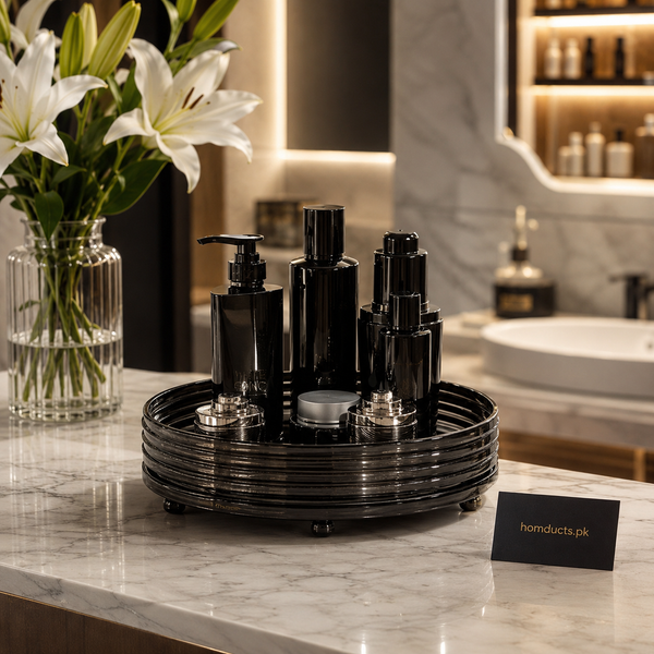 Luxury 360° Rotating Transparent Organizer Tray – Black (Premium Vanity & Countertop Storage)