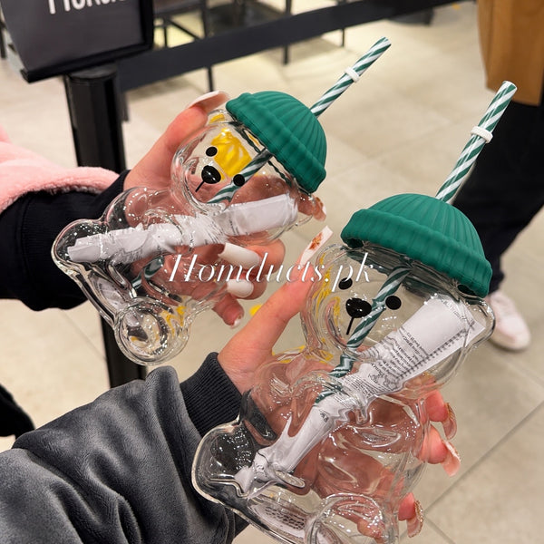 Bear Shape Glass Drinking Cup with Straw & Lid | Cute Teddy Bear Tumbler (Imported High Quality)