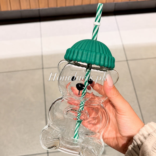 Bear Shape Glass Drinking Cup with Straw & Lid | Cute Teddy Bear Tumbler (Imported High Quality)