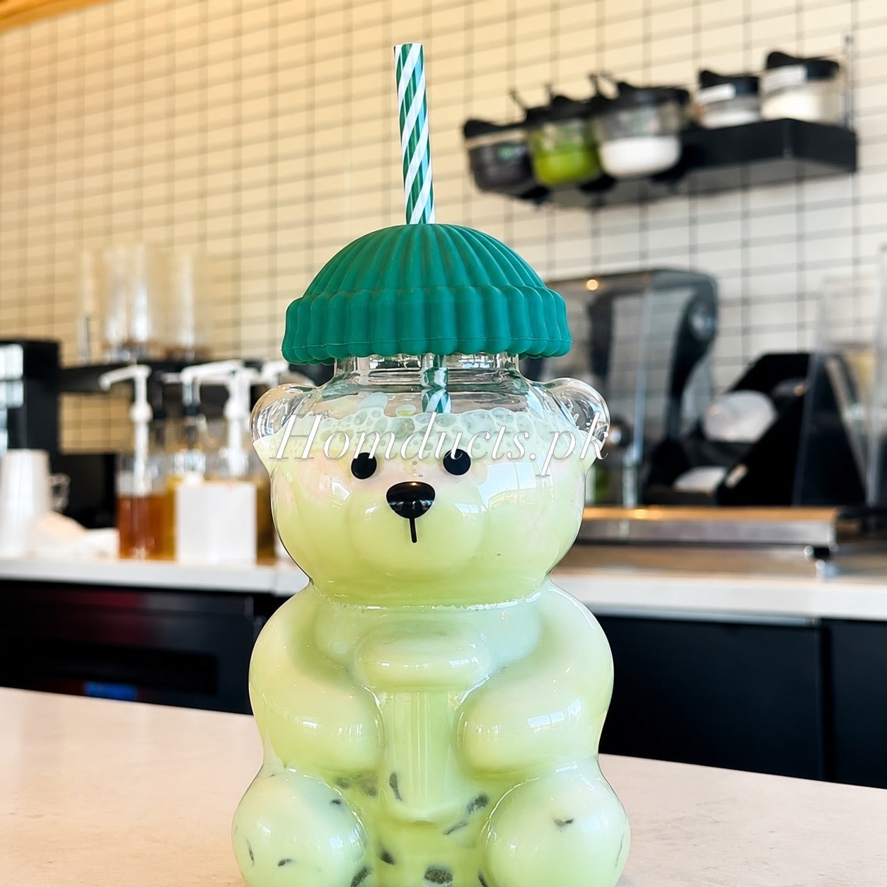Bear Shape Glass Drinking Cup with Straw & Lid | Cute Teddy Bear Tumbler (Imported High Quality)