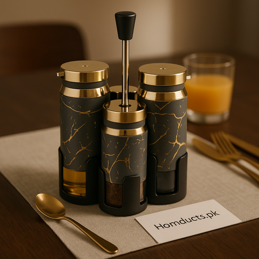 Luxury Black & Gold 4-Piece Condiment Dispenser Set with Stand