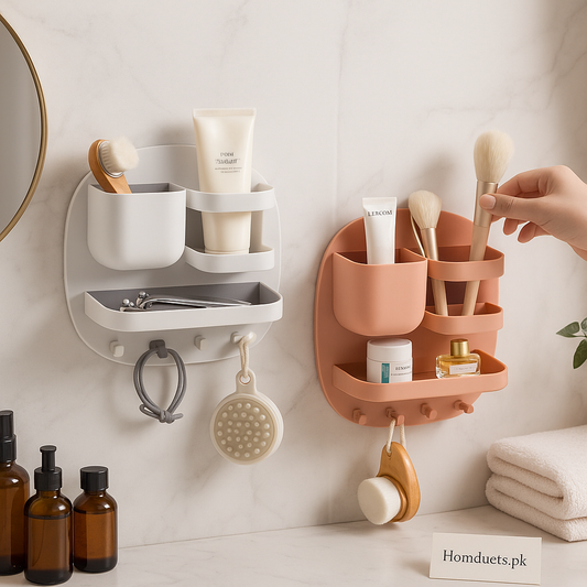 Wall-Mounted Multi-Section Bathroom Organizer Rack – Self-Adhesive Storage Shelf with Hooks for Toiletries & Accessories