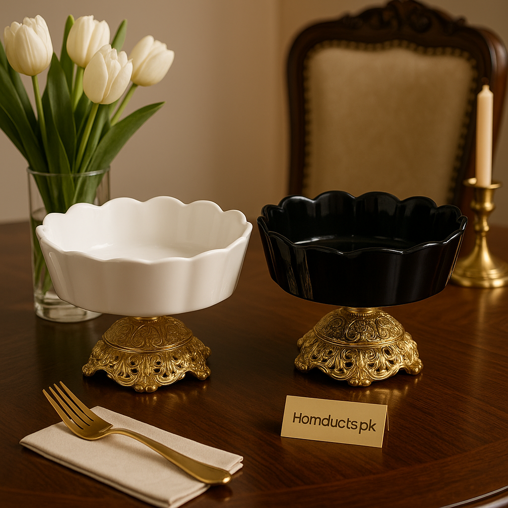 Luxury Scalloped Ceramic Serving Bowl with Gold Base – White or Black