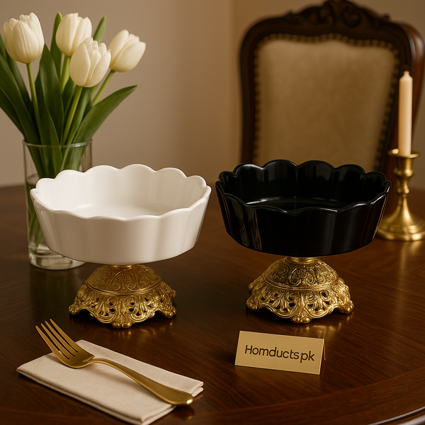 Luxury Scalloped Ceramic Serving Bowl with Gold Base – White or Black