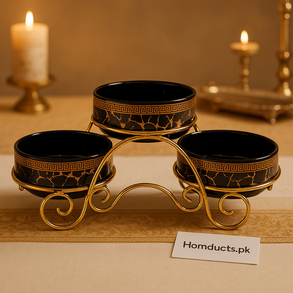 Luxury Black & Gold 3-Tier Bowl Set with Stand – Elegant Serving & Decor Piece
