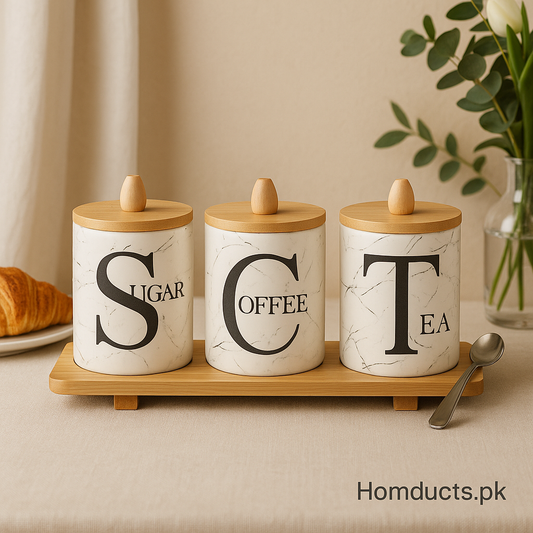 Luxury Marble Ceramic Tea Coffee Sugar Jar Set with Wooden Lids & Tray – 3 Pcs