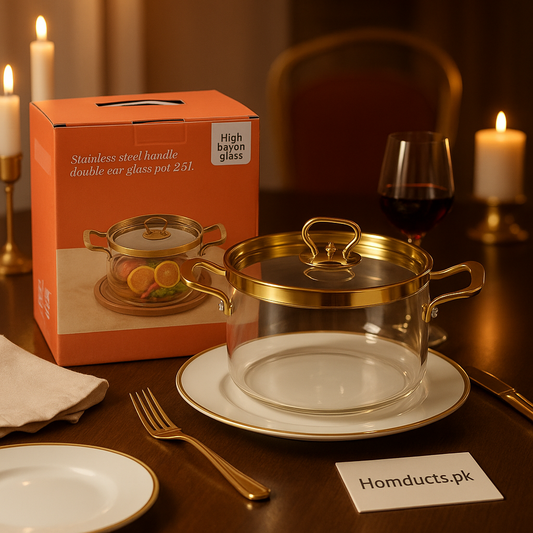 ✨ Premium 2.5L High Borosilicate Glass Cooking Pot with Golden Stainless Steel Handles & Lid