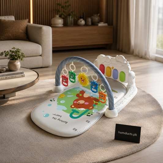 Luxury Baby Activity Play Gym Mat with Piano Keyboard & Hanging Sensory Toys – Soft Infant Tummy Time Learning Play Mat