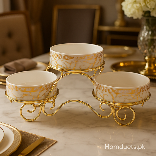 Luxury 3-Tier Porcelain Serving Bowl Set with Golden Stand