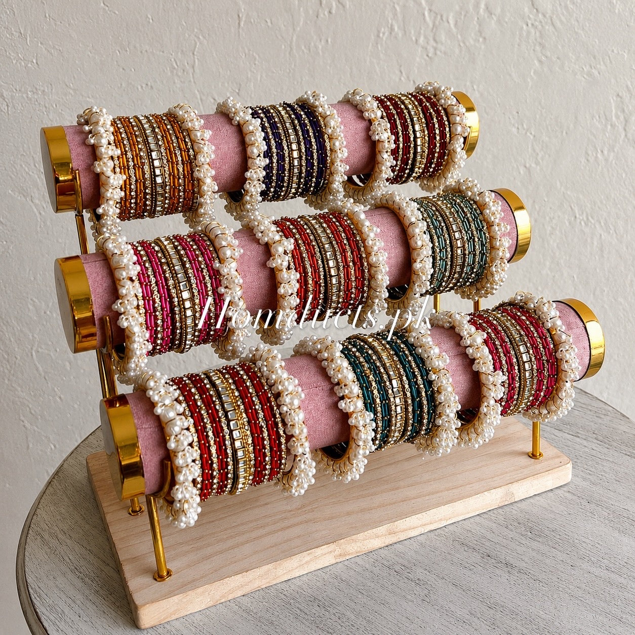3-Tier Velvet Bracelet & Bangle Display Stand – Elegant Jewelry Organizer with Gold Accents & Wooden Base