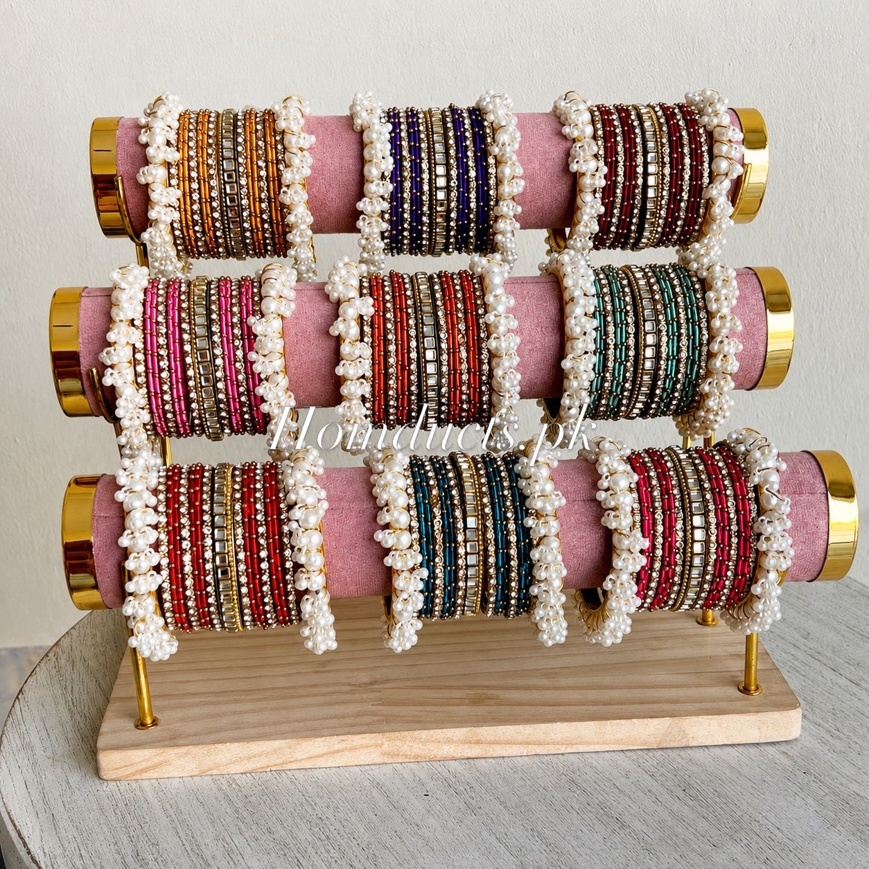 3-Tier Velvet Bracelet & Bangle Display Stand – Elegant Jewelry Organizer with Gold Accents & Wooden Base