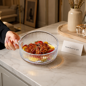 Premium Ribbed Clear Glass Serving Bowl with Handle – Elegant Salad, Snacks & Dessert Bowl