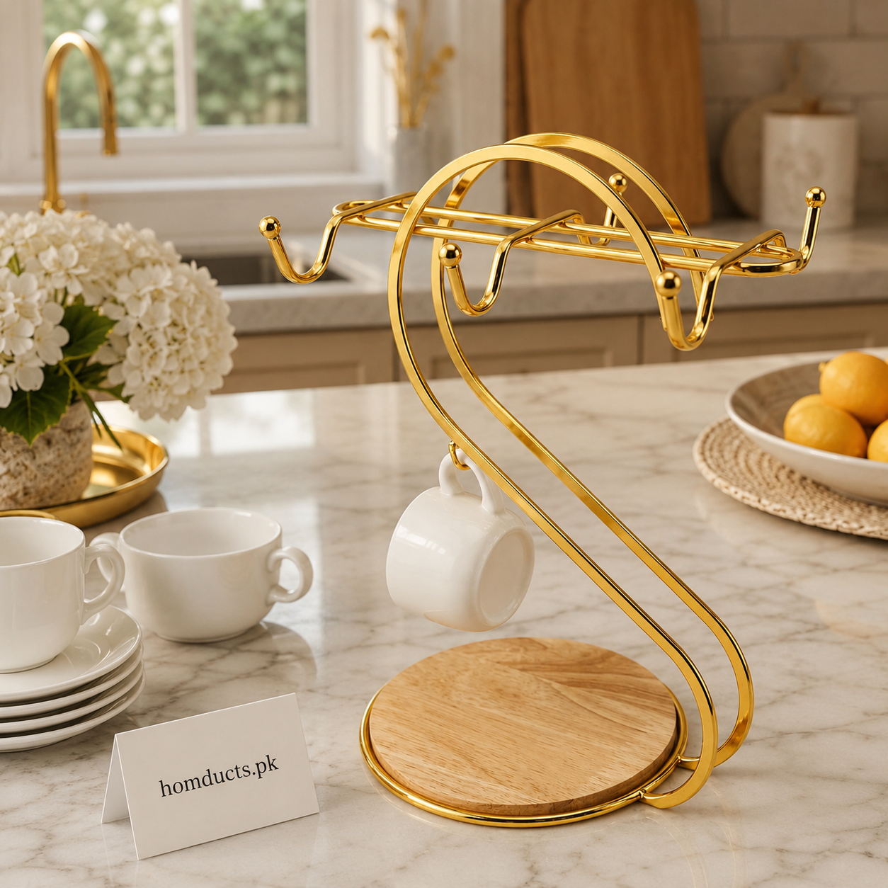 Luxury Gold Metal Coffee Mug & Cup Holder Stand with Wooden Base – Countertop Organizer