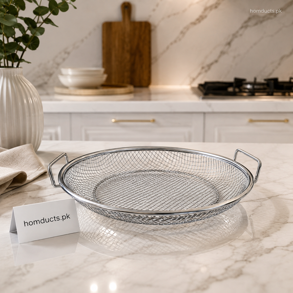 28cm Stainless Steel Round Air Fryer Basket with Handles – Mesh Frying & Draining Basket